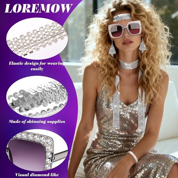 Disco Costume Accessories Set Women Sequin Hat Scarf Headband Sunglasses Jewelry main image 4